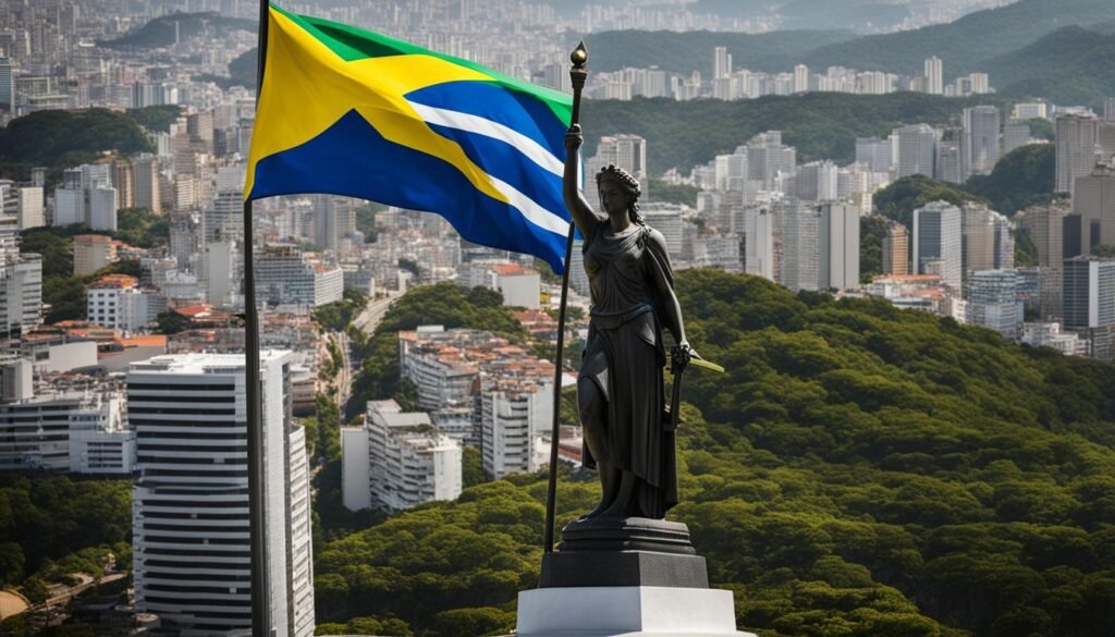 Estátua da Justiça com a bandeira do Brasil.