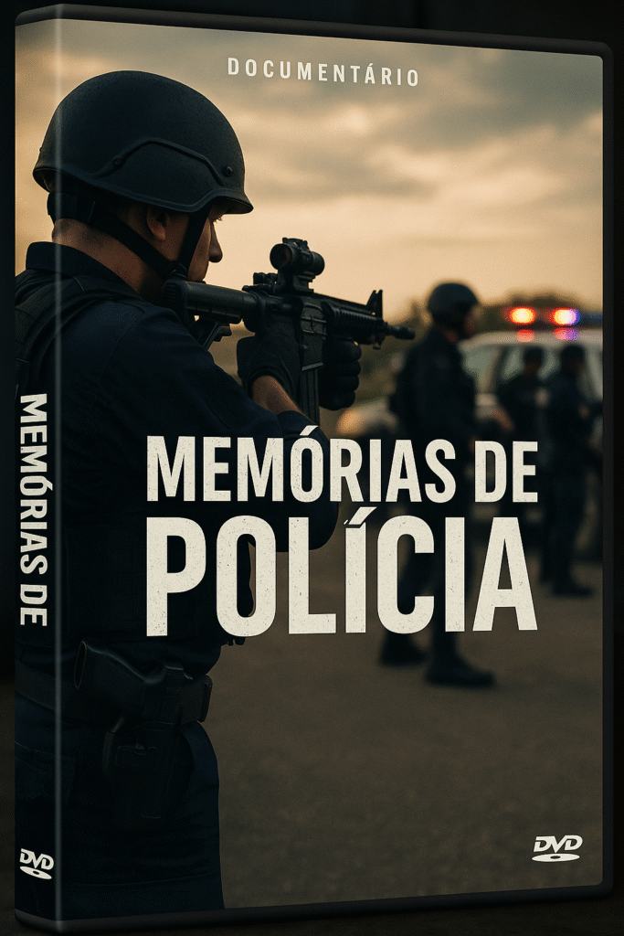 Imagem da capa do documentário com um policial segurando um fuzil. Ao fundo mais três policiais com imagem desfocada e um carro da polícia com a sirine ligada com as cores vermelho e azul. Na frente da imagem o texto Documentário Memórias de Polícia.