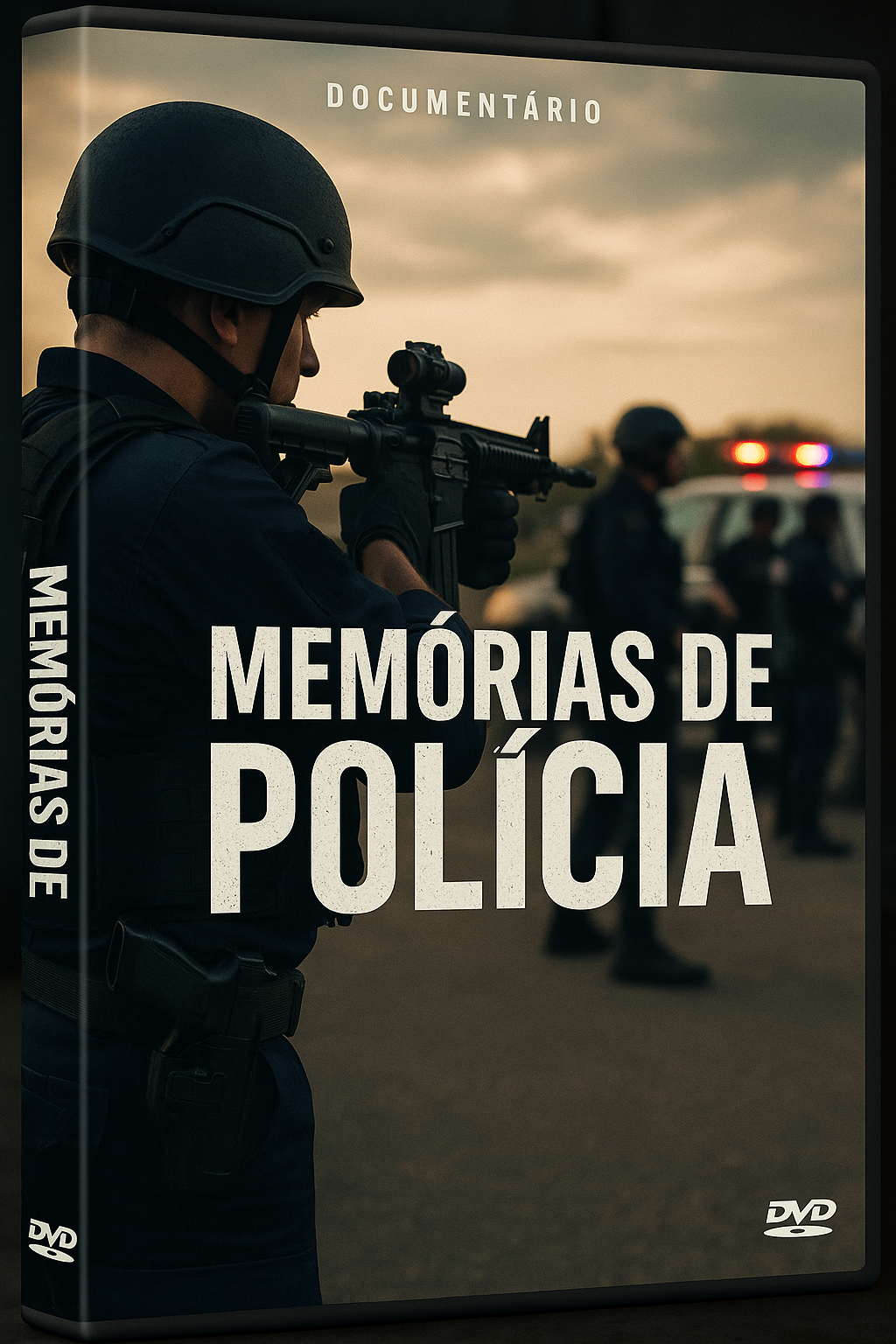 Imagem da capa do documentário com um policial segurando um fuzil. Ao fundo mais três policiais com imagem desfocada e um carro da polícia com a sirine ligada com as cores vermelho e azul. Na frente da imagem o texto Documentário Memórias de Polícia.