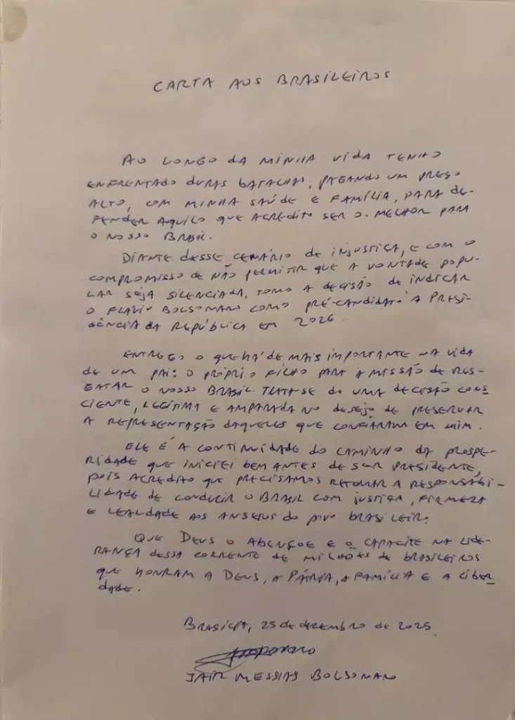 carta - Correio Paraibano - Bolsonaro confirma pr&eacute;-candidatura de Fl&aacute;vio &agrave; Presid&ecirc;ncia da Rep&uacute;blica em 2026
