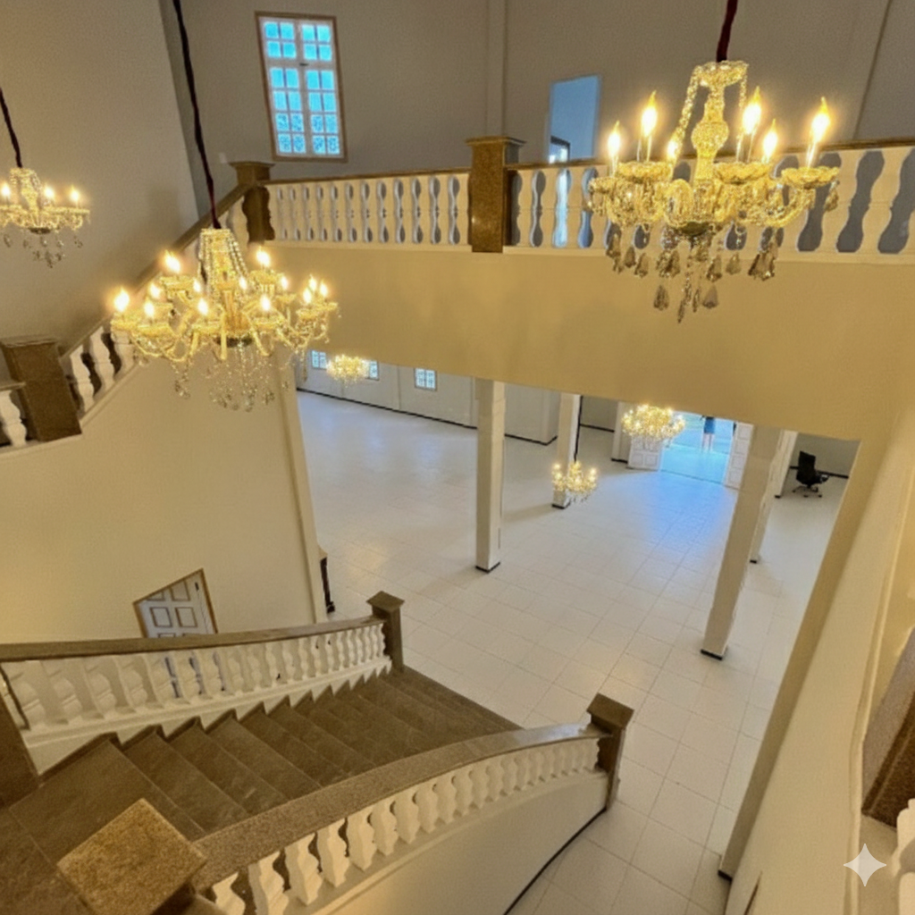 Castelo da Torre: A Nova Joia Arquitetônica da Paraíba e o Sonho que Nasceu do Coração de Campina Grande 2 Interior do Castelo da Torre na Paraíba com escadaria de mármore e lustres de cristal